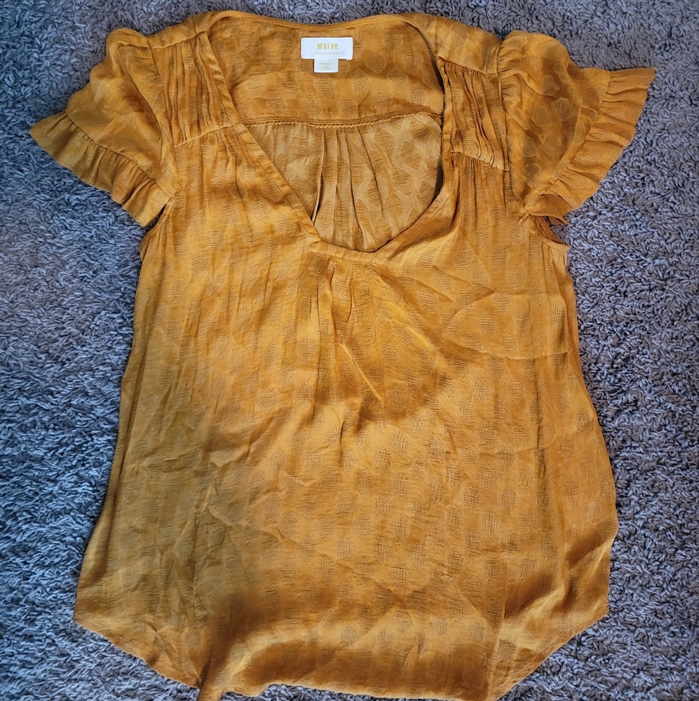 Maeve Anthropologie Mustard short sleeve silk blouse